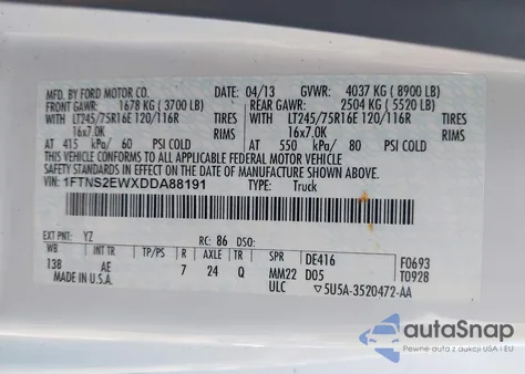 2013 Ford E-250 Commercial z USA, uszkodzony, nr VIN 1FTNS2EWXDDA88191